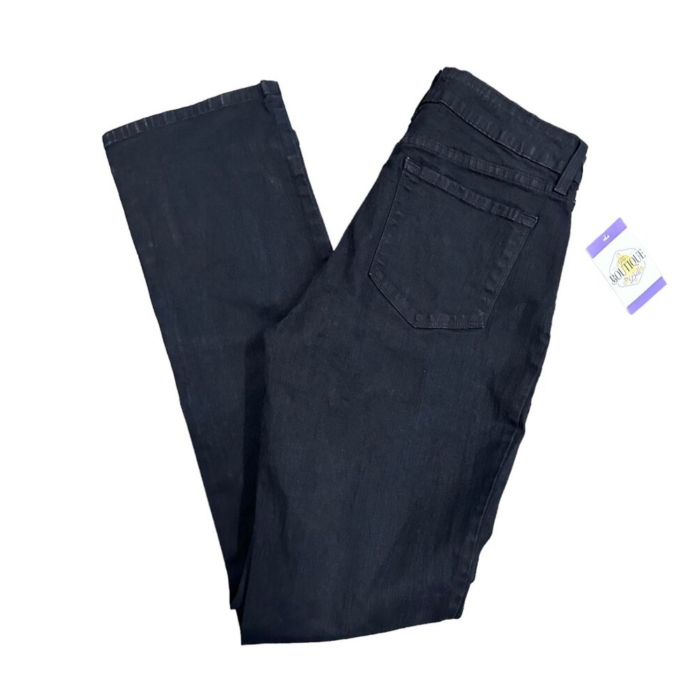 NYDJ Jeans Womens 8 Black Straight Leg Denim Jeans 5 Pocket Belted Casual Pants